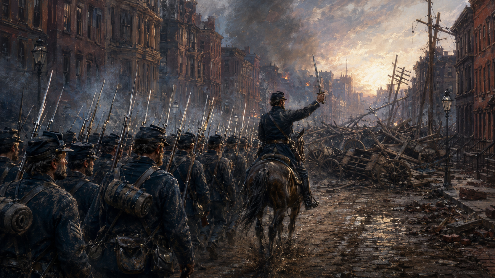 Union troops marching with fixed bayonets through a devastated street during the Civil War draft riots