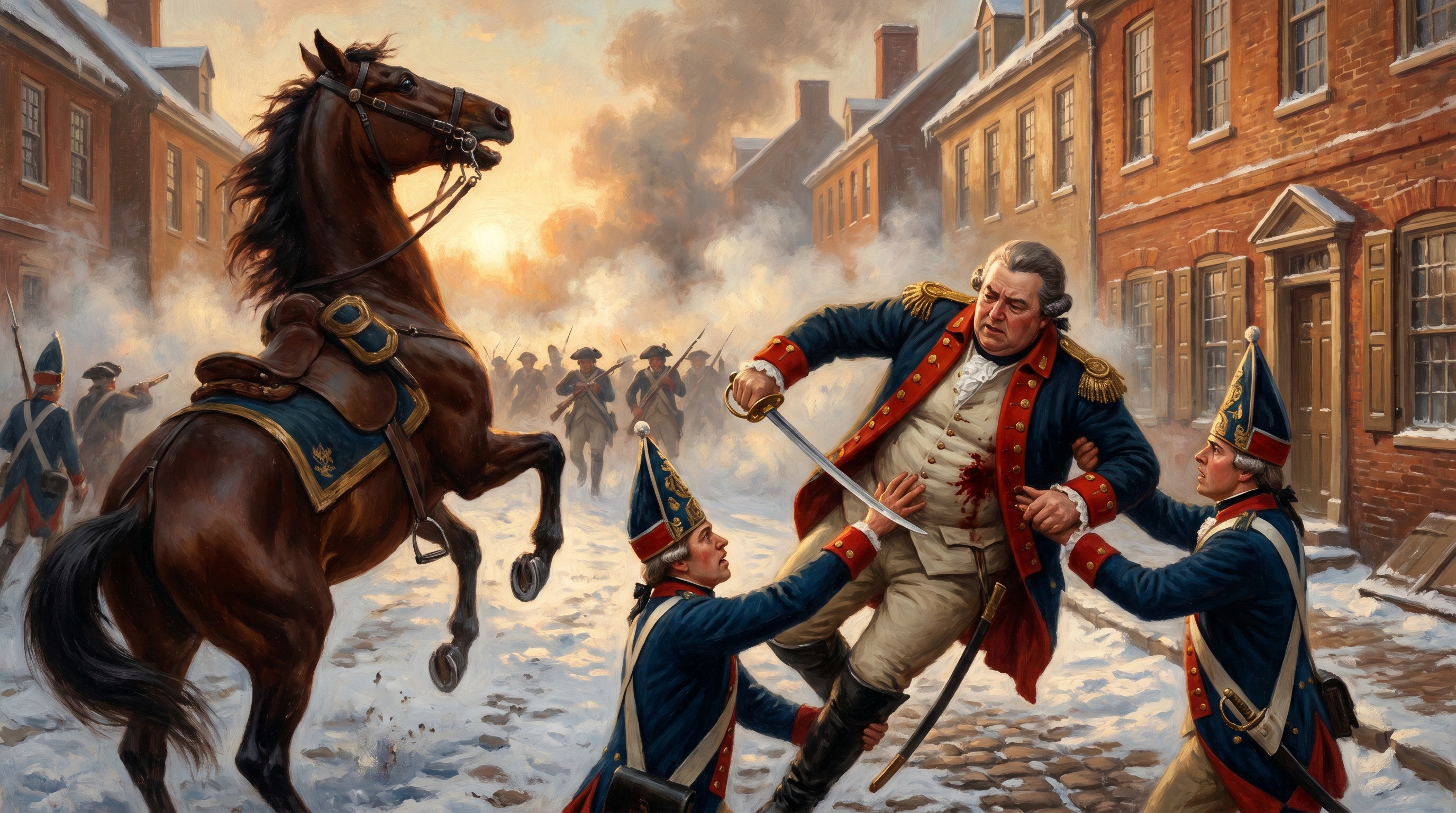 Colonel Johann Rall struck by two musket balls on a Trenton street