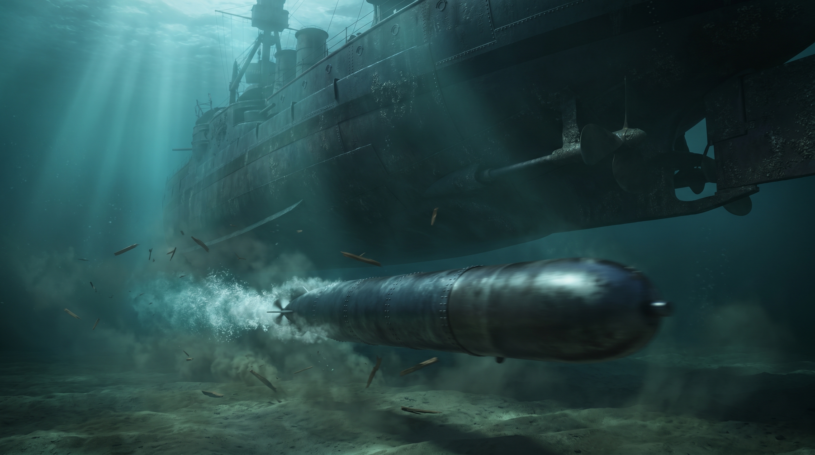 A Japanese Kate bomber's modified Type 91 torpedo running through the shallow waters of Pearl Harbor