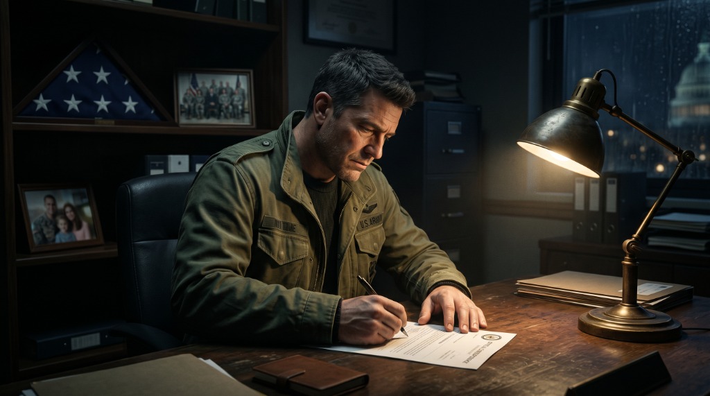 A figure in an olive green military jacket writes alone at a desk by lamplight, composing the historic open letter to end four years of war